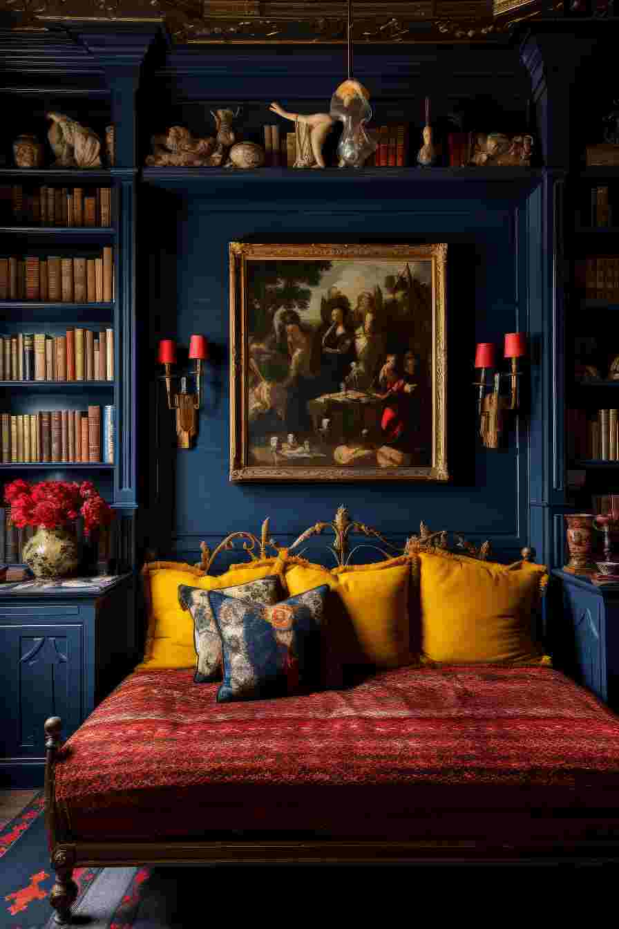 Dark Academia Bedroom with roOrange Aesthetic Duvet Cover, Yellow Pillows, B