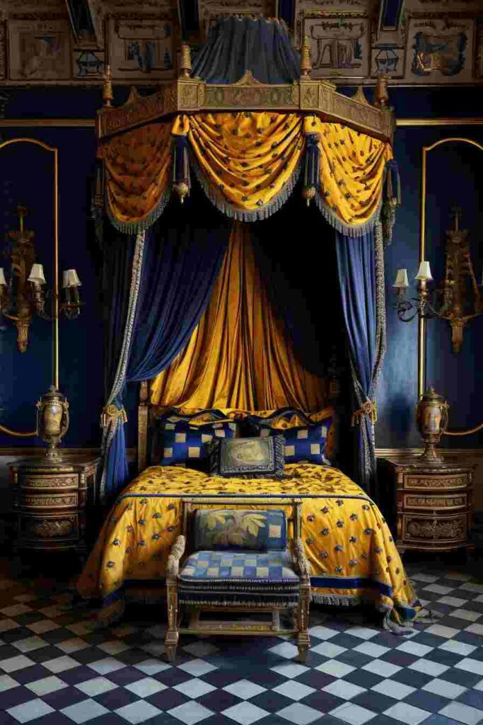 Dark Academia Bedroom with Maximalist Royal Old Money Aesthetic Blue and Yellow Canopy Bed and duvet cover