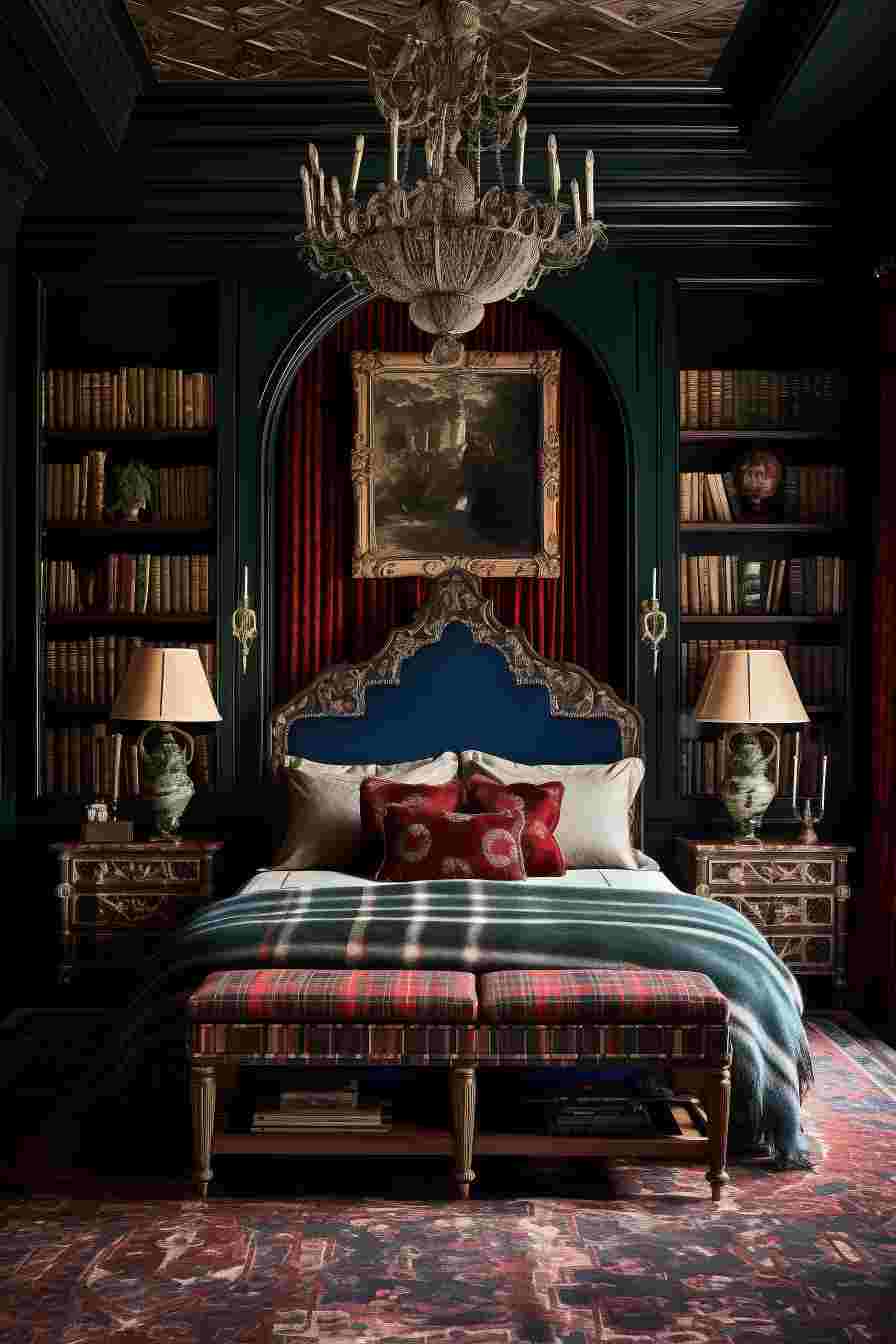 Modern Dark Academia Bedroom Aesthetic Wall Art, Forest Green Bookshelves, Blue Bed, Antique Turkish rug and vintage wool duvet cover