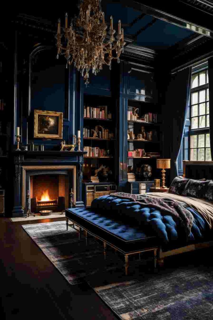 Blue Dark Academia Bedroom Walls in Modern Mansion with Fireplace, Bookshelves, and Bed Frame
