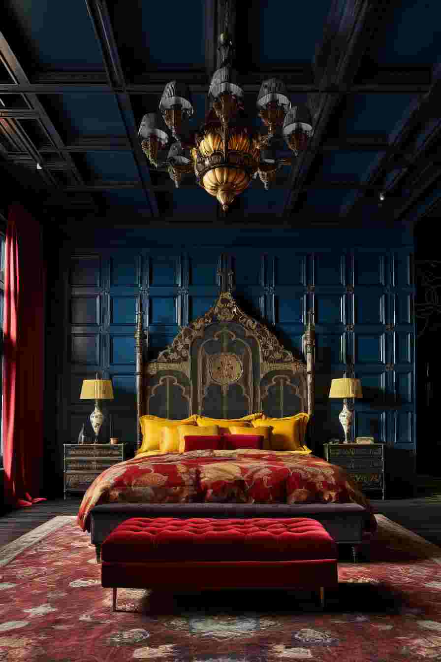 Dark Academia Wall Decor Paneling in Modern Navy Blue Bedroom with Chandelier and Yellow Duvet Cover