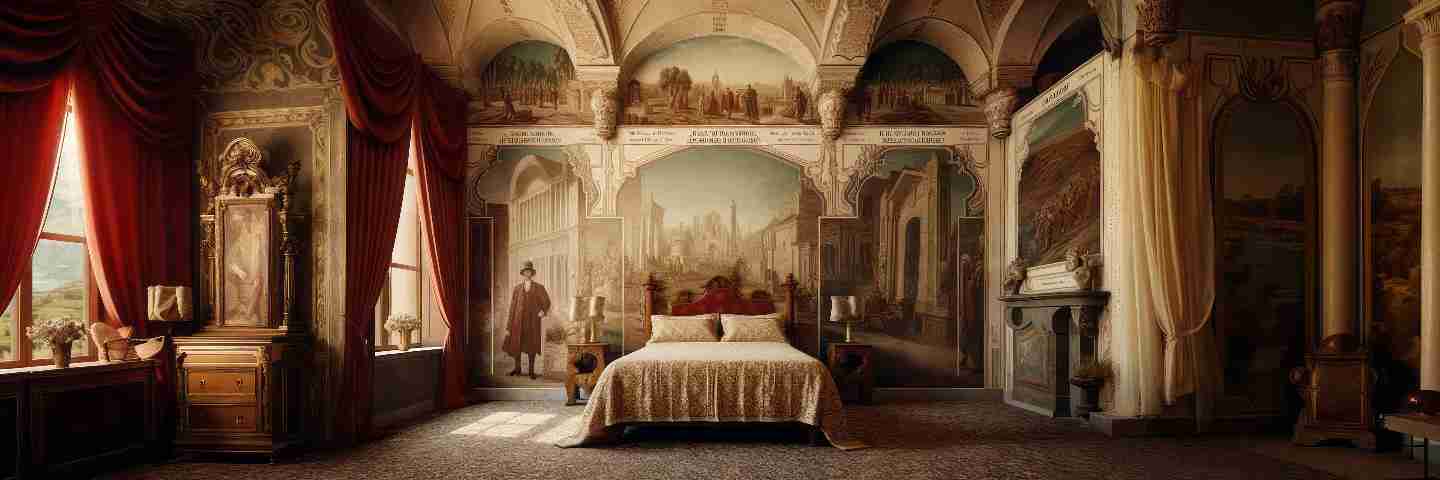 Dark Academia Bedroom with Red Curtains, Classical Wall Art, and preppy aesthetic bedroom decor