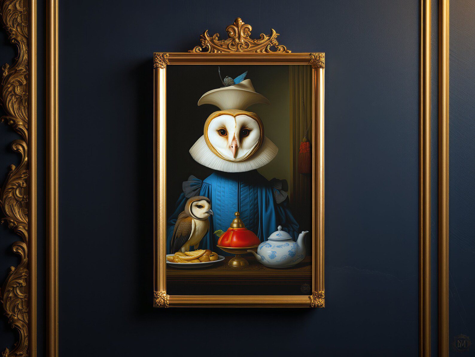 Dark Academia Prints Owl Painting of Printable Animal Art Print. The White Owl Wears Renaissance Fashion Outfit. Painting in the style of Johannes Vermeer Flemish Still life Dutch folk paintings.