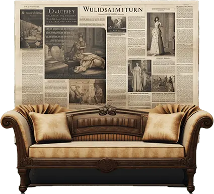 Maximalist Decor Dark Academia Design Couch with a Vintage Newspaper Backdrop