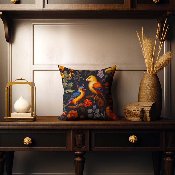 Dark Academia Room Decor Pillow with Art of Renaissance Birds in a Forest of Flowers
