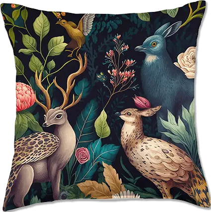 Dark Academia Pillow Preppy Decor with Gothic Animal Fauna Art Pattern that contains Floral Botanicals, Leaves, Birds, and Renaissance style witchy aesthetic animals