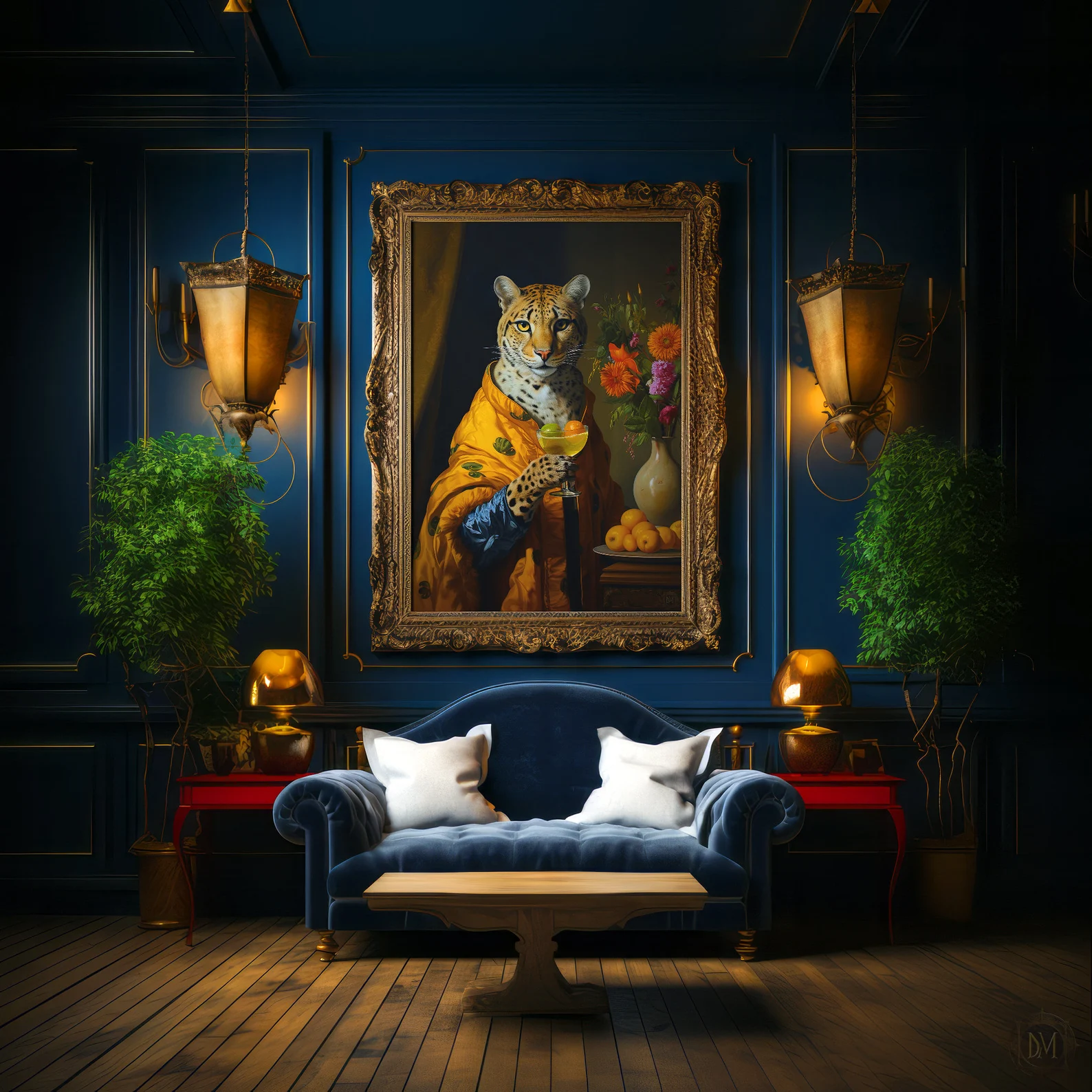 Dark Academia Wall Art Printable Animal Painting of Medieval Gothic Renaissance Coco Chanel Fashion Leopard Hanging on a Blue Wall over a Blue Romanticism Couch with Plants and Lamps
