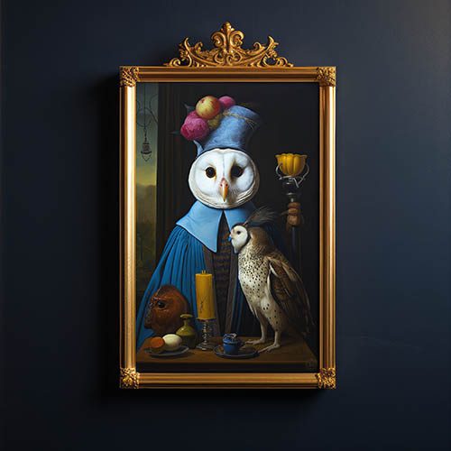 Dark Academia Art in Gold Baroque Frame. Flemish Still Life Oil Painting of a white Owl Wearing Blue Renaissance Robes and a Floral Hat