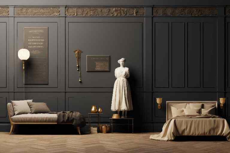 Dark Academia Bedroom Wall Decor Chair Rail Molding with bedroom furniture including a bed and a manequin statue arwork