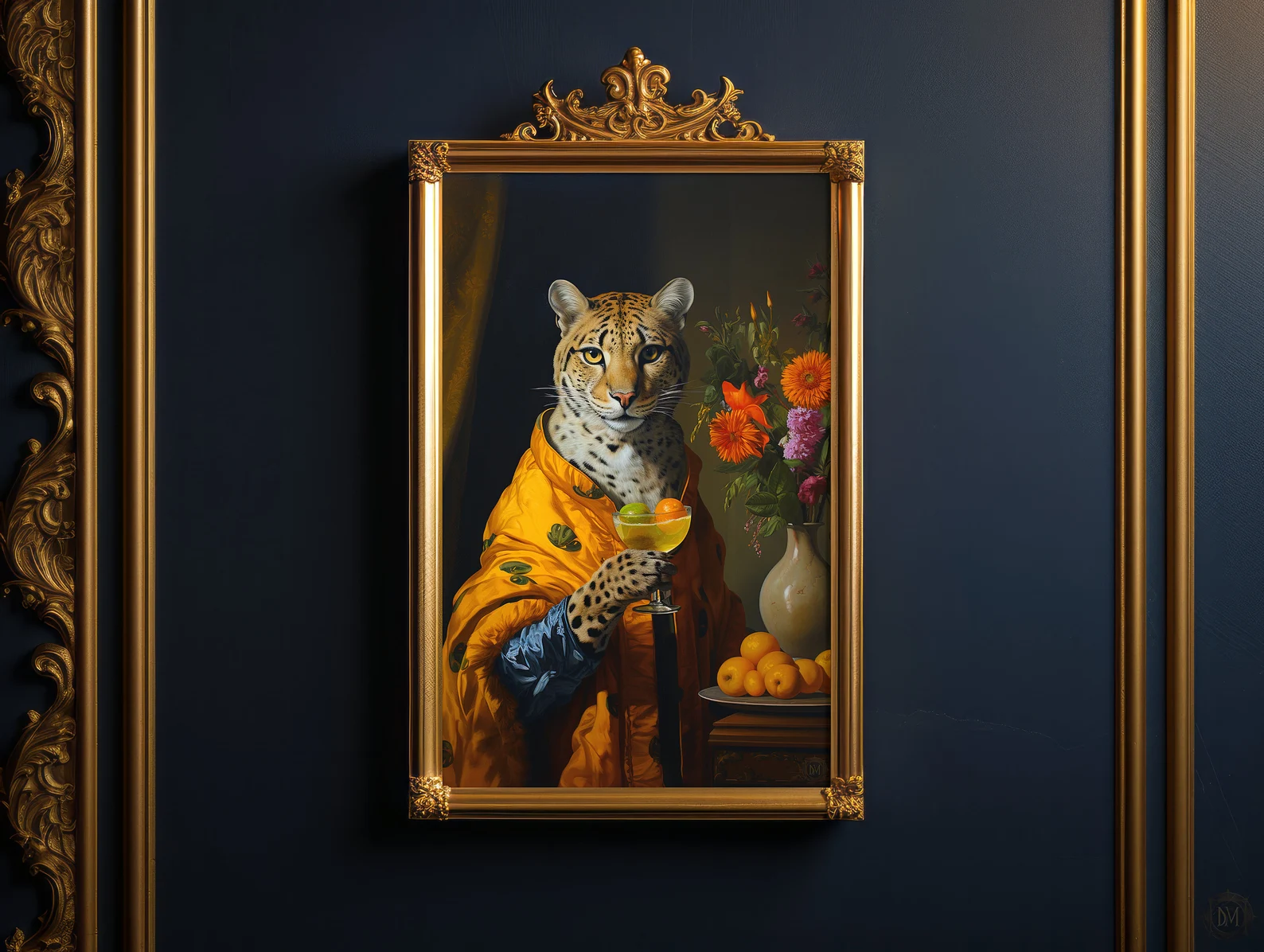 Dark Academia Wall Art of Flemish Still Life Fashion Leopard Painting Animal Print Hanging on Blue Color Wall in a Gold Baroque Frame