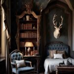 Bedroom Ideas for Dark Academia Hunting Lodge Aesthetic Design Room with Gothic architecture, sky blue bed frame, bookshelf, and antique chair