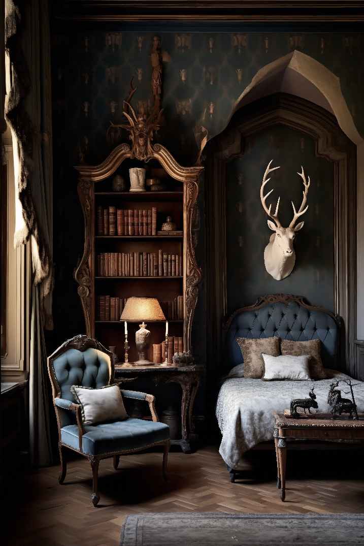 Bedroom Ideas for Dark Academia Hunting Lodge Aesthetic Design Room with Gothic architecture, sky blue bed frame, bookshelf, and antique chair