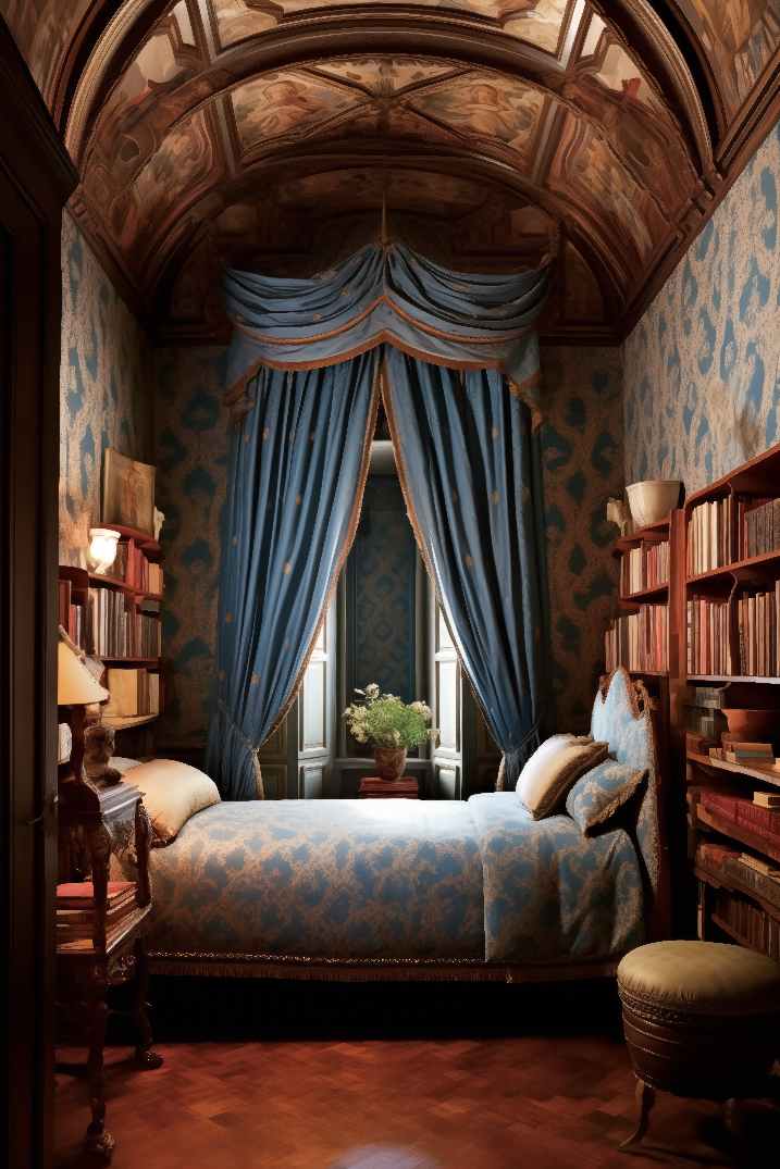 Dark Academia Library Bedroom with built in bookshelves