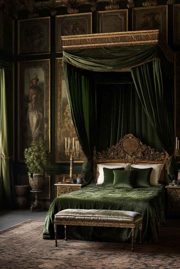 Dark Green Academia Castle Bedroom with Canopy Bed, Biophilic Design plants, and persian rug