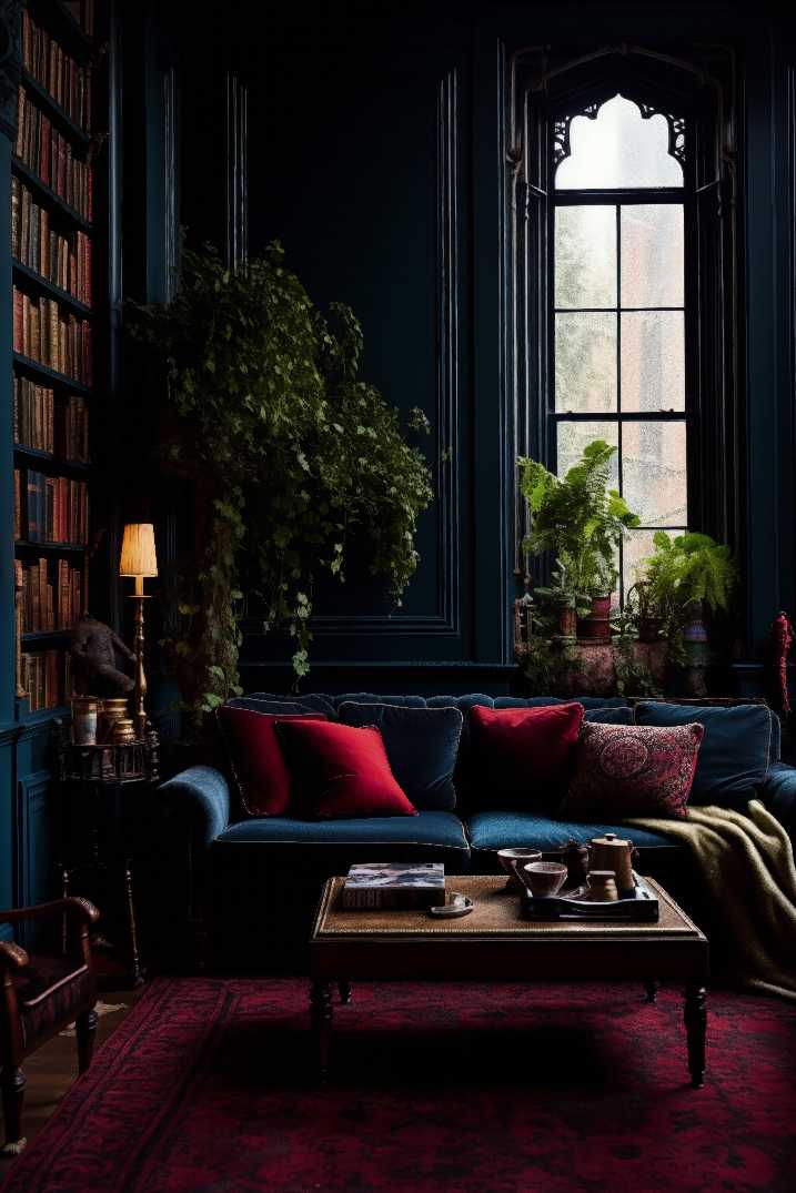 Dark Academia Aesthetic Living Room Maximalist Interior Design with Blue Velvet Couch, Red Pillows and Library Bookshelves