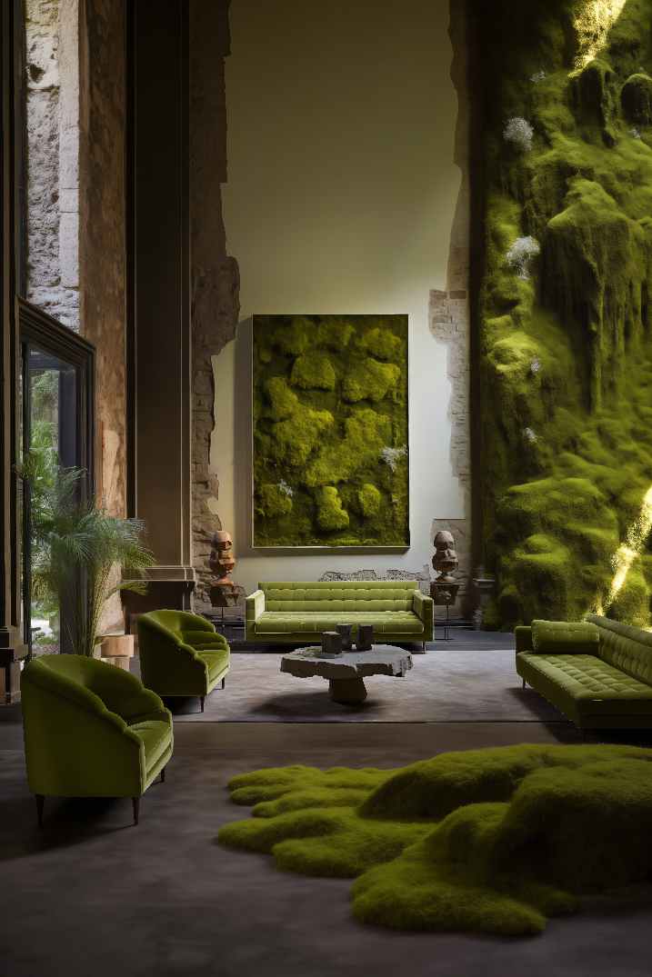 Biophilic Design Maximalist Dark Academia Living Room Interior of a Classical Italian Manor House with High Ceilings, moss rugs, and many plants