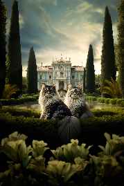 Italian Cat Breeds in front of a dark academia aesthetic manor house in Italy with hedges and moss grounds