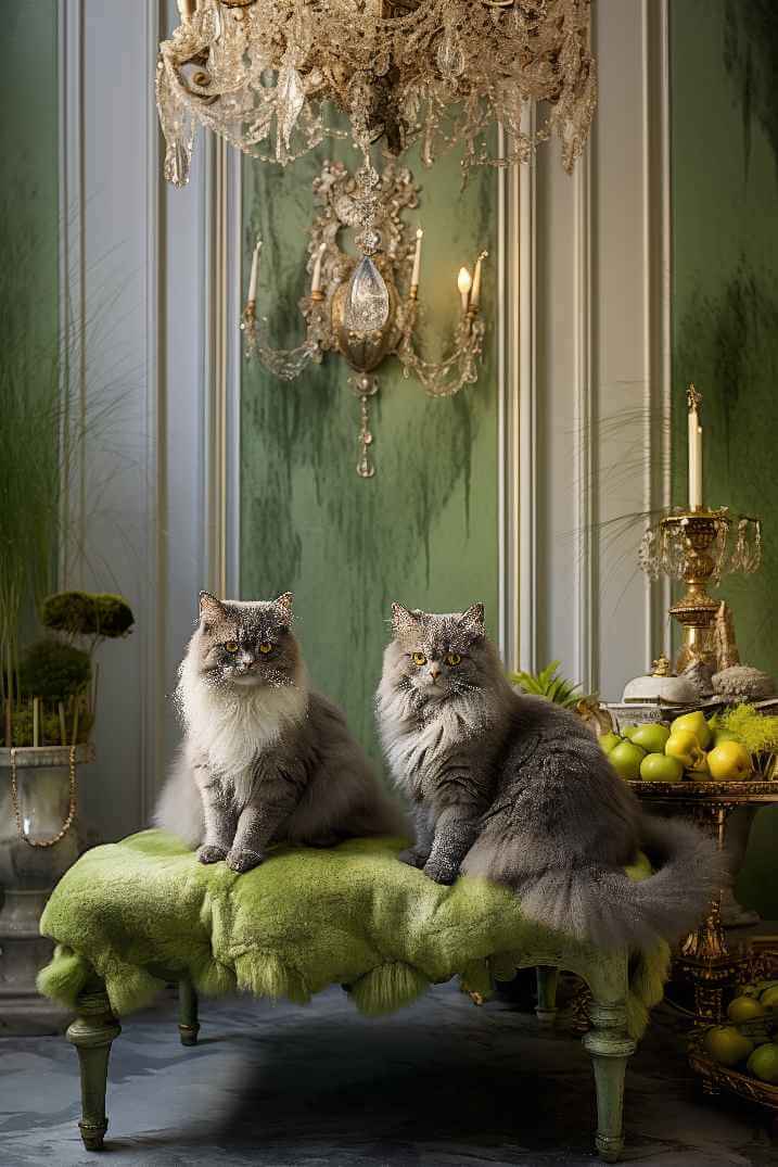 Modern Italian Cats in Rococo room with Biophillic Design inside Manor House with Royalcore Dark Academia Castle Aesthetic