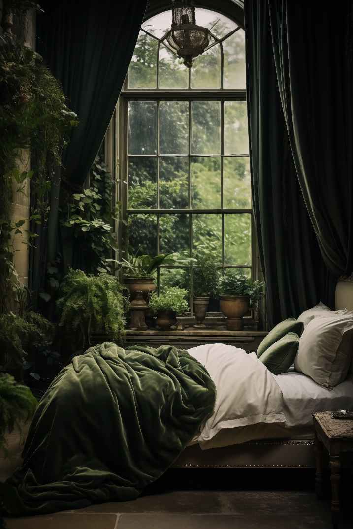 Green Bedroom Ideas Biophillic Design Aesthetic with Dark Green Curtains, velvet bedspread and lots of plants