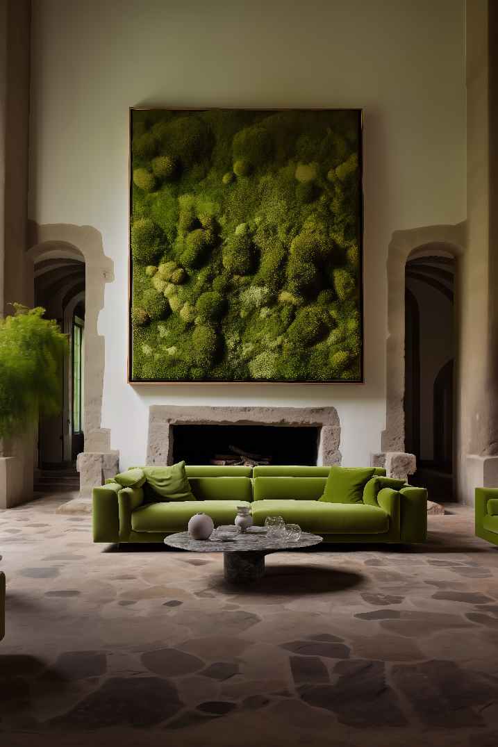 Biophilic Interior Design with tree and moss wall hanging over dark academia aesthetic green velvet couch inside of a medieval Italian castle