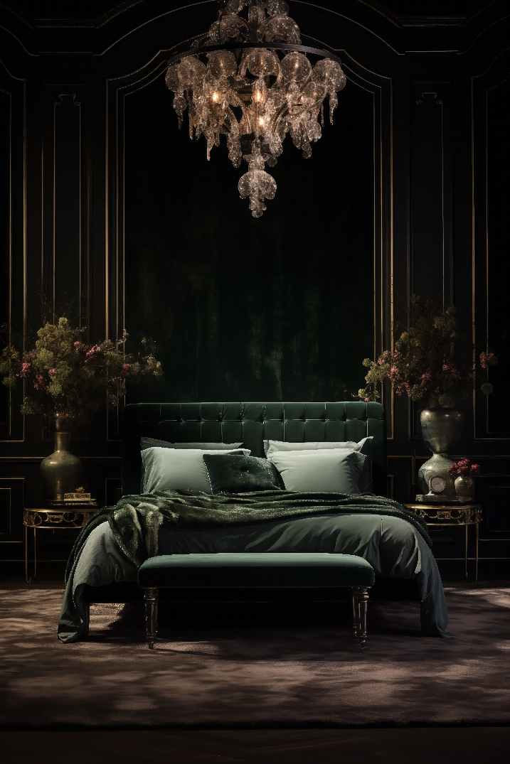 Dark Green Bedroom inside a manor house with tall ceilings, chandelier, and luxury decor