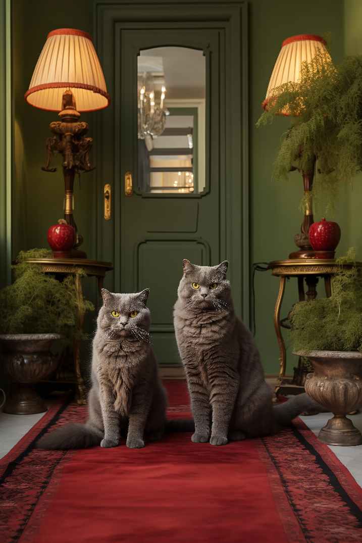 Italian Maltese Cats inside a Green Apartment with Red Rug and Christmas Decor Biophillic Design Dark Academia Aesthetic Interior