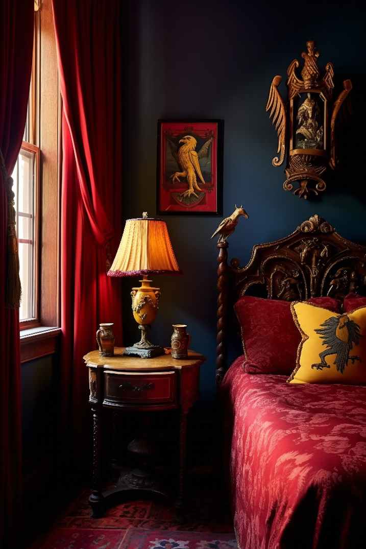 Dark Maximalist Bedroom with Red Bedding, Red Curtains, Red Carpet and Blue Walls with antique decor