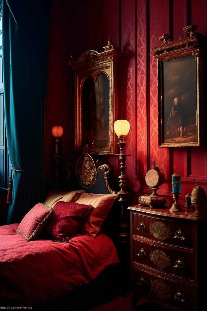 Dark Bedroom with Red Walls, Red Bedding, Maximalist Wall decor and antique furniture