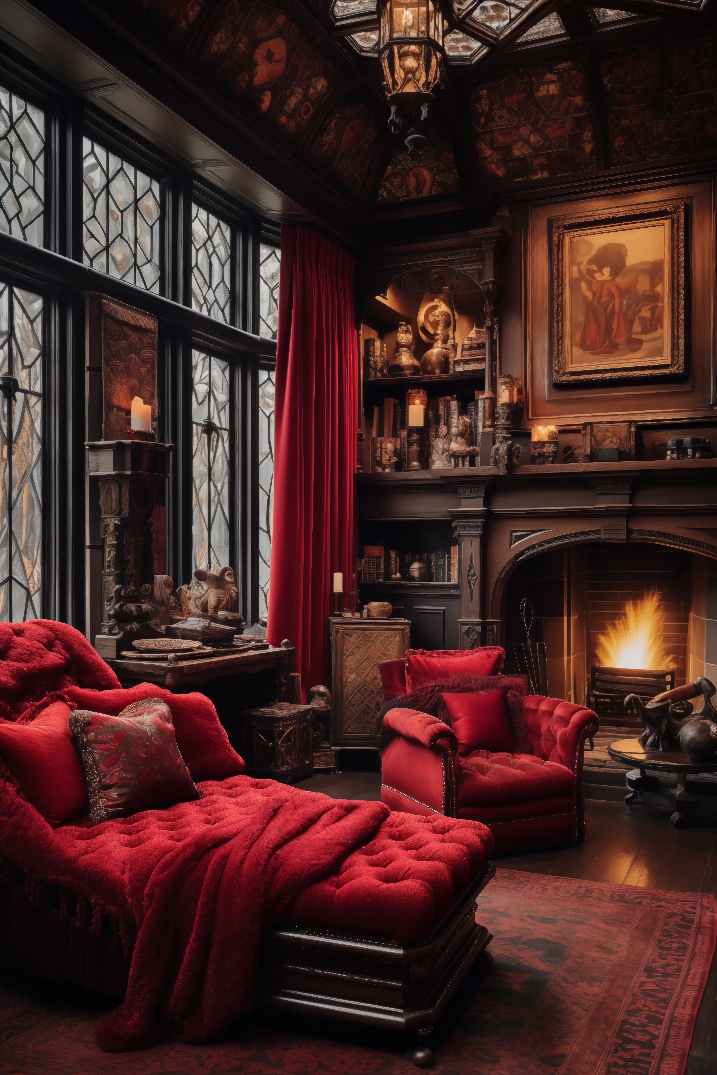 Gothic Red Bedroom Harry Potter Room Dark Academia Interior Design Aesthetic with Tall windows, cushioned Chairs and fireplace with wall art above it
