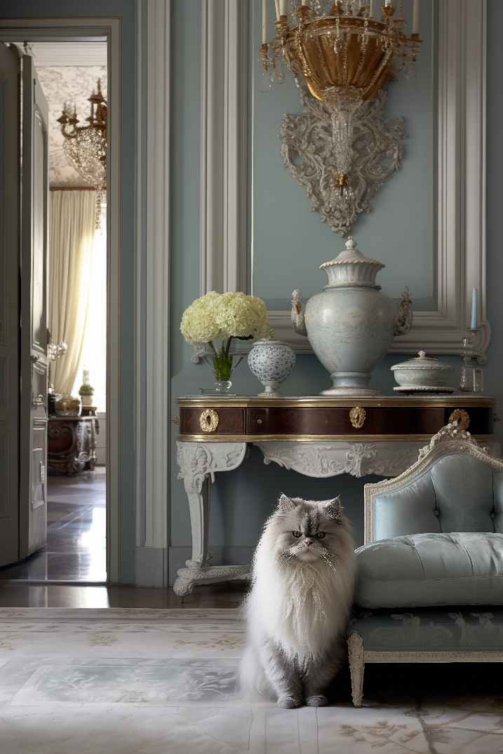 Italian Cat with gray and white fur inside a light academia interior design light blue luxury apartment in Italy