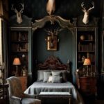 Dark Bedroom with Maximalist Academia Aesthetic Hunting Lodge Style, Taxidermy, dark teal walls, built in bookshelves and bed