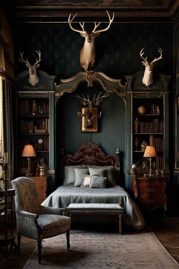 Dark Bedroom with Maximalist Academia Aesthetic Hunting Lodge Style, Taxidermy, dark teal walls, built in bookshelves and bed