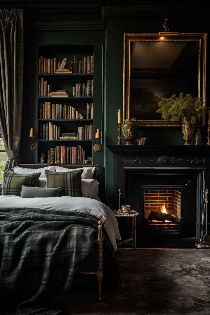 green dark academia bedroom with built in bookshelves and classic wall art