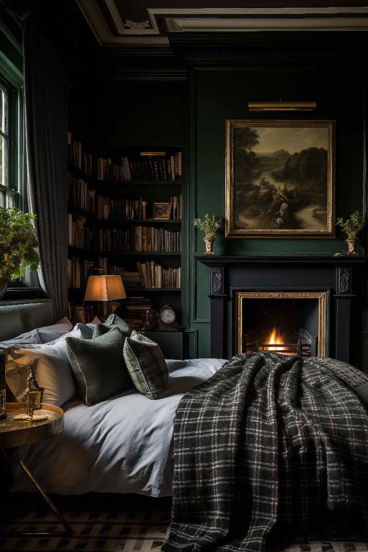 Dark Green Bedroom, Classic Preppy Academia Aesthetic with Wall Art, fireplace, and large bed