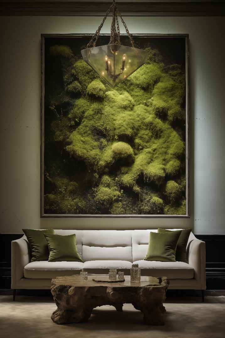 Biophilic Design Moss Wall Classic Dark Academia Aesthetic Scandinavian Interior with white couch, natural wooden table, and green pillows
