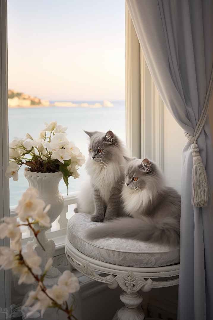 Italian Breed Maltese Cats in a Preppy Light Academia Living Room with Views of the water and white flowers in a vase