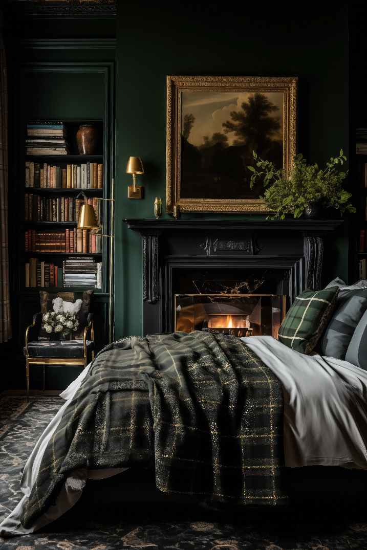 Dark Green Bedroom with Preppy Academia Aesthetic Maximalist Decor, Plaid Blanket, Antique Wall Art and Bookshelves