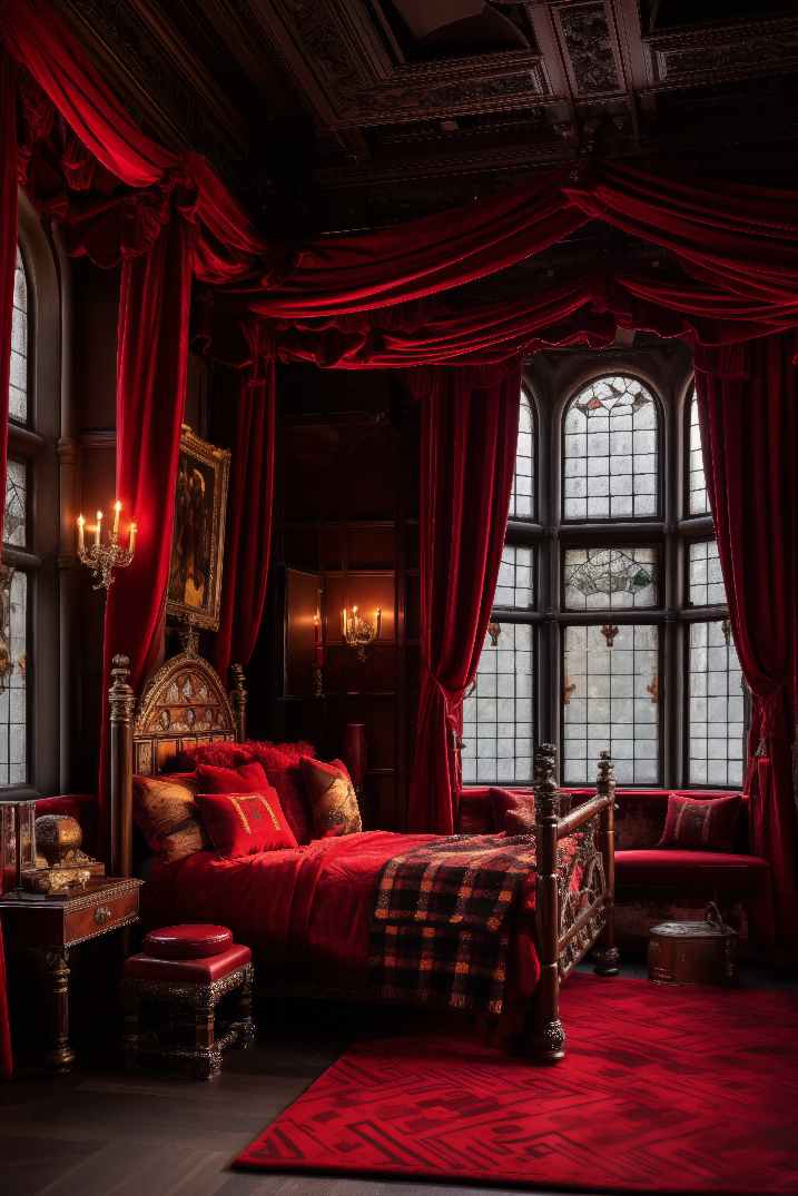 Red Bedroom Dark Academia Aesthetic Bed with Red Curtains, and Red Rug inside of a Castle House Manor