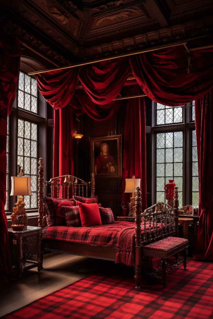 Gothic Dark Red Bedroom with Dark Academia Royalcore Castle Aesthetic, plaid rug, plaid bedding, canopy bed, and large gothic windows