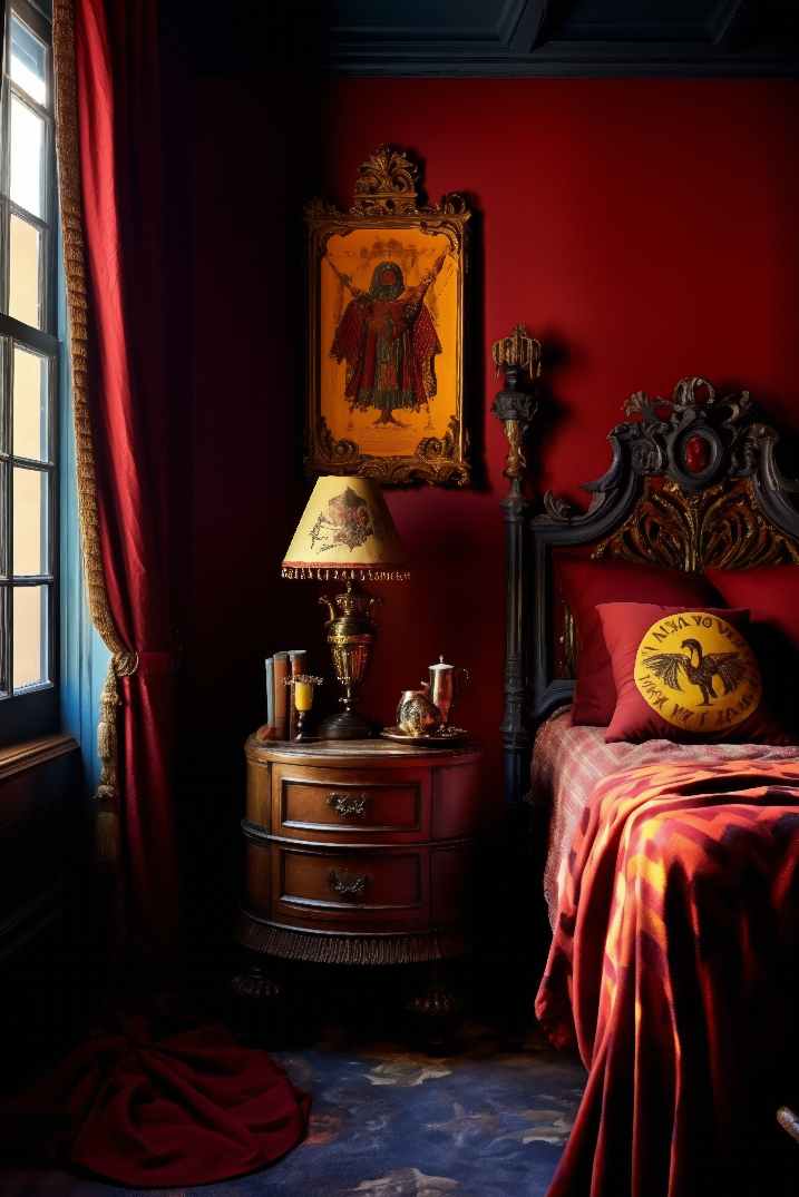 Dark Red Bedroom with Harry Potter Room Academia Aesthetic Style, red walls, velvet bedding and a twin bed frame