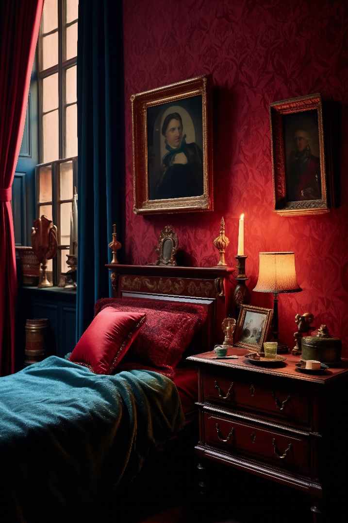 Dark Red Maximalist Bedroom with Dark Green Bedding, Small Twin Bed, Tall Window and Wooden Antique Furniture