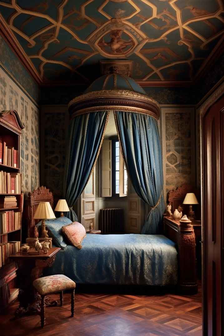 Dark Bedroom with Classical Academia Aesthetic and blue canopy bed