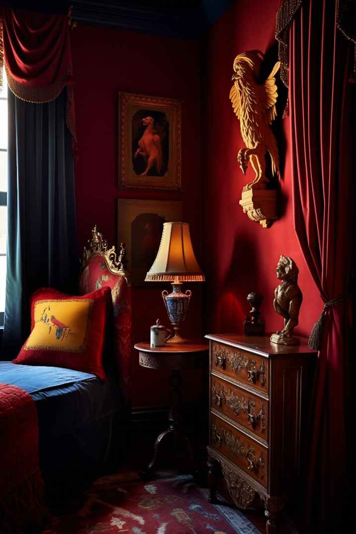 Red Bedroom in Castle House with Dark Academia Harry Potter Room Aesthetic, small twin bed, yellow pillow, red curtains, and red walls