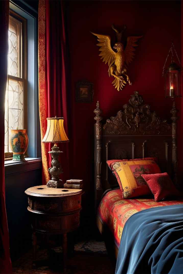 Dark Academia Aesthetic Red Bedroom with Maximalist Royalcore Aesthetic Decor, Red Curtains, Red Walls, Nightstand, and antique lamp