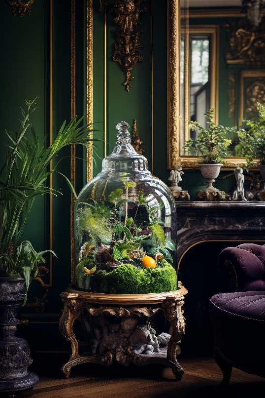 antique, carved, stand, greenery, glass, dome, living room, dark academia, terrarium