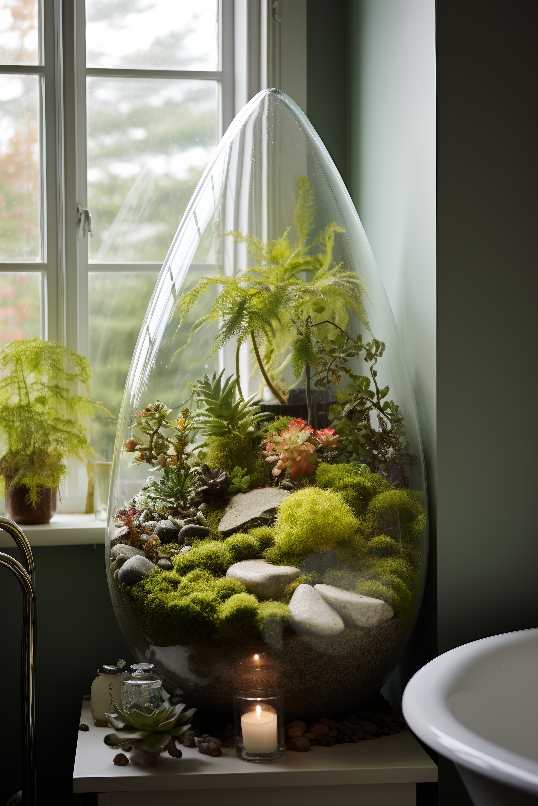 dark academia glass, dome terrarium, lush moss, ferns, elegant interior design