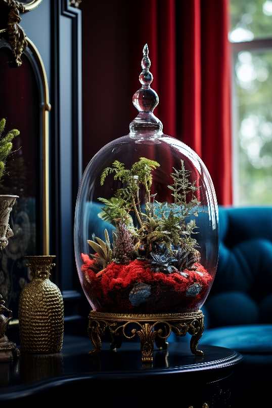 Dark Academia Aesthetic Plants inside Glass Terrarium with Teal Couch and Red Curtains in living room