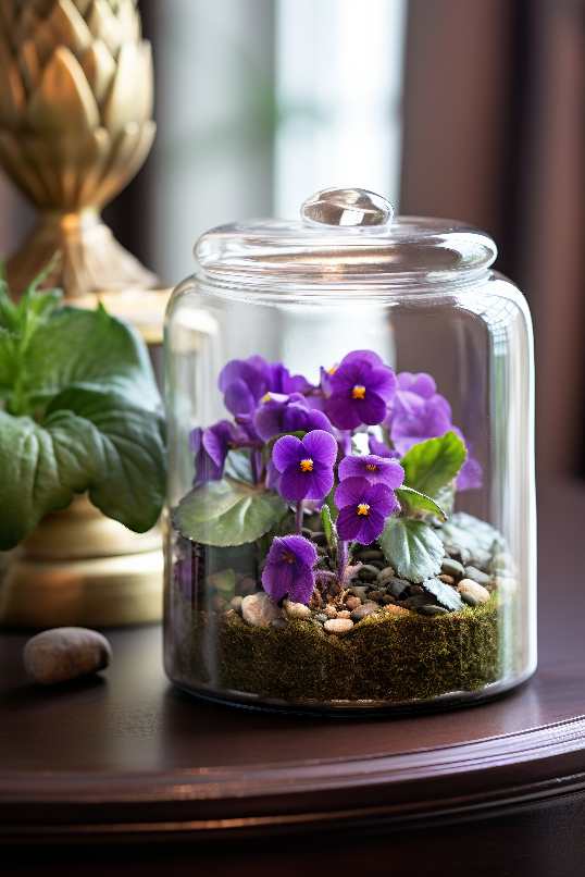 Terrarium Plants African Violets and Moss inside living room with gold lamp