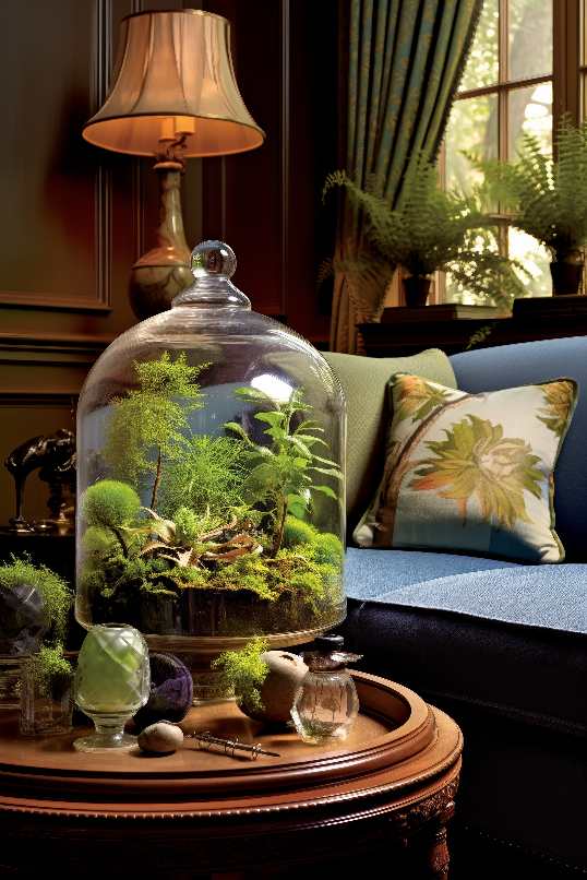 plant terrarium inside cozy modern cottage interior design with blue couch and antique table