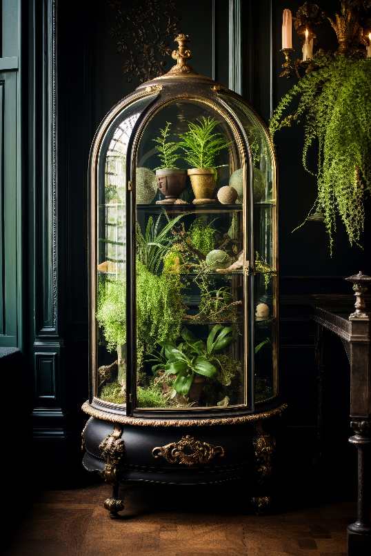 Gothic Glass Plant Terrarium with Ferns and Other Terrarium Plants inside Dark Academia Room